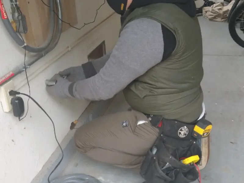 Electrician performing outlet wiring in a Vancleave garage